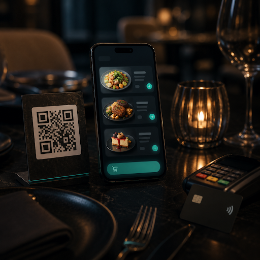 QR menü, mobil sipariş ekranı ve masa ödeme terminali